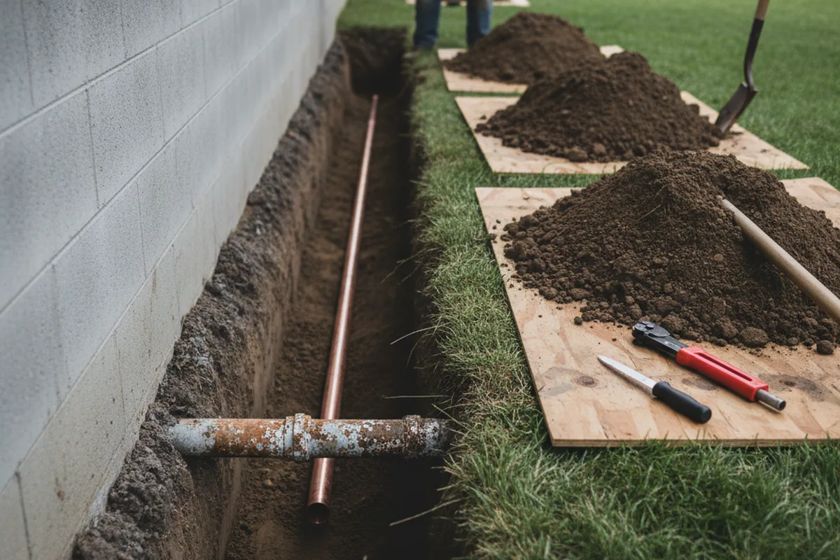 Excavated water line trench during Sewer Line Repair in Northford